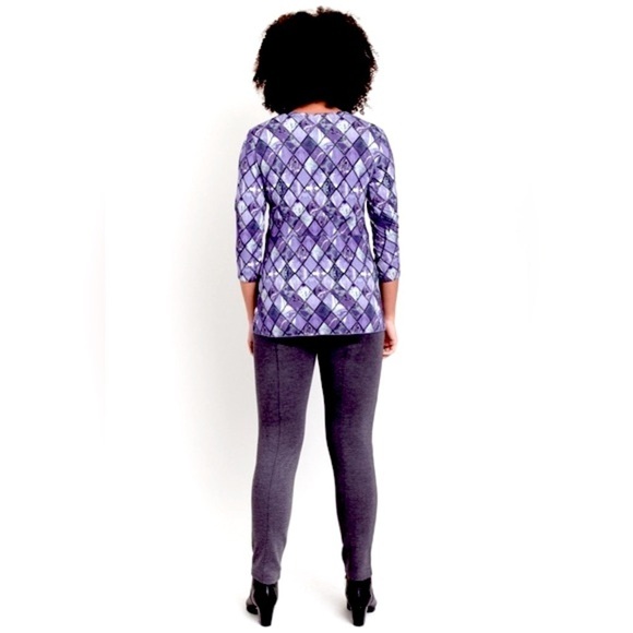 BLUE SKY Bamboo cross over neckline,purple blue diamond print blouse LARGE NWT - Picture 3 of 13